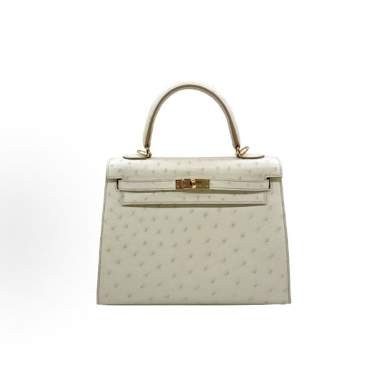 HERMES Kelly 25 Gold Buckle Kelly Bag single-shoulder handbag 25 Women\'s 8L Beton Glacier White